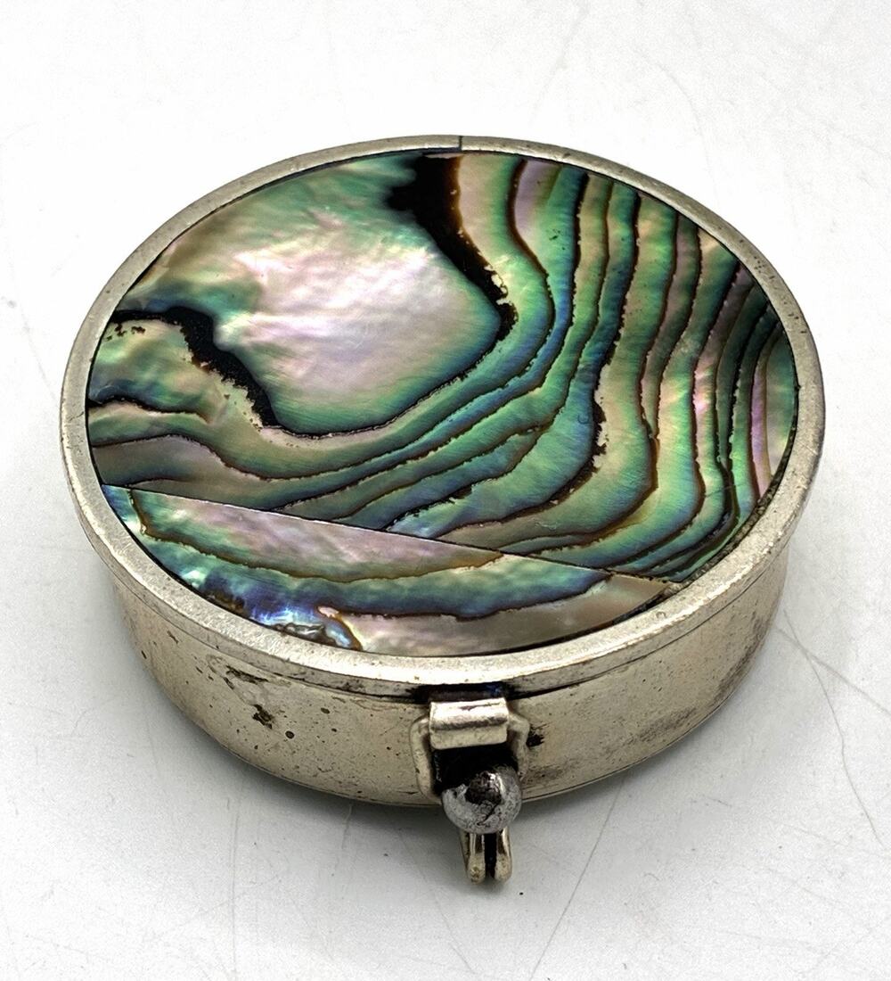 Vintage Alpaca Mexico Abalone Shell Round Trinket Pill Box 2” Silver Tone